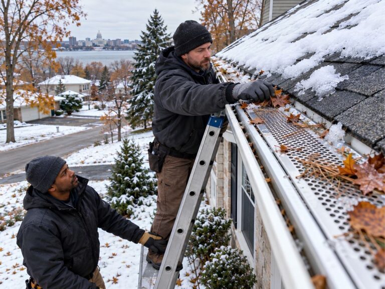 gutter guard on a Wisconsin home with snow and ice along the roofline