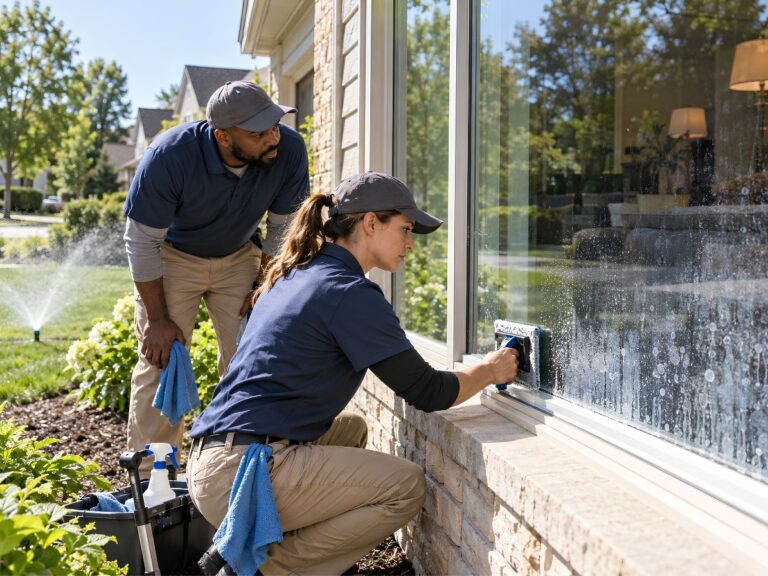 close-up of hard water stains on a home's lower window pane before professional cleaning